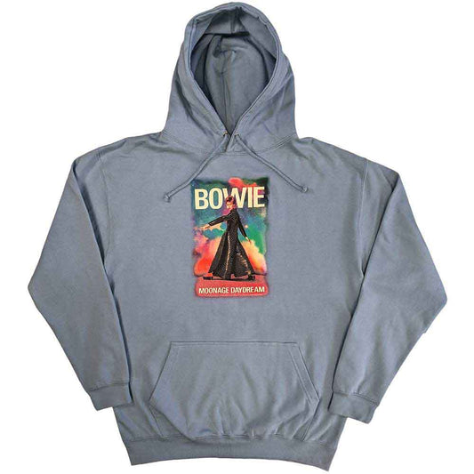 Black unisex pullover hoodie featuring a David Bowie Moonage Daydream graphic print.