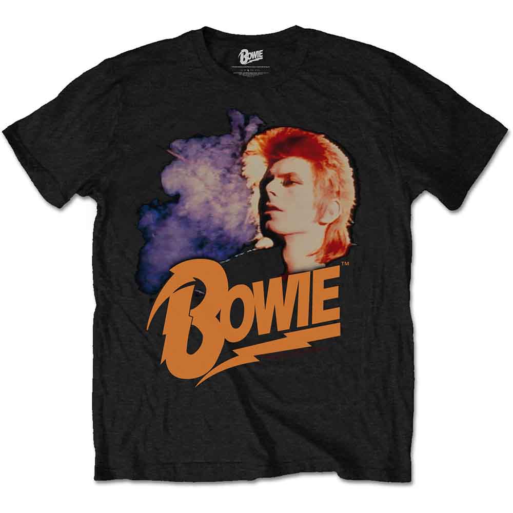 Black t-shirt with a graphic of David Bowie and lightning bolt text.