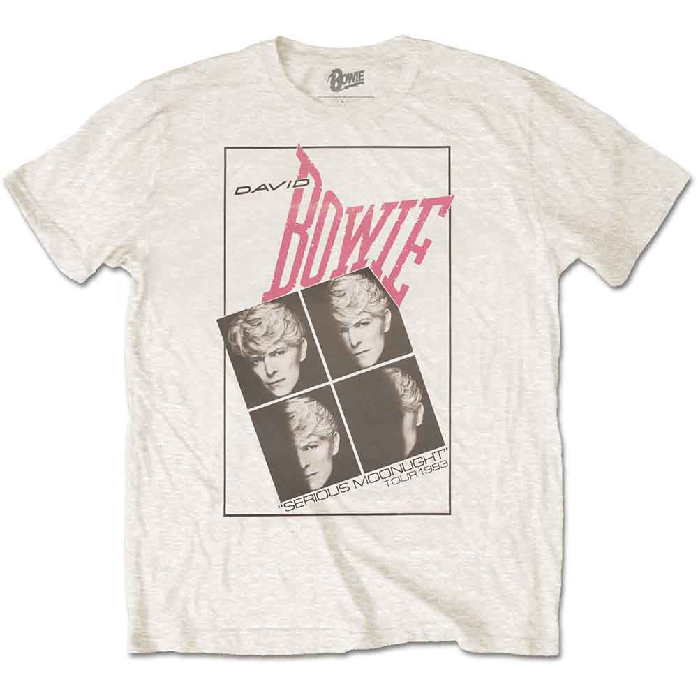 Beige t-shirt with a black and white graphic of David Bowie.