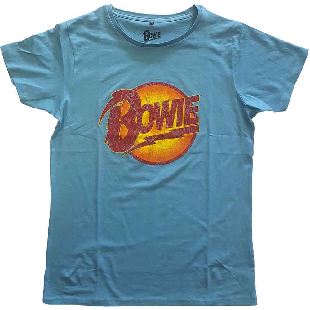 Man wearing a light blue t-shirt with a red "Bowie" logo.