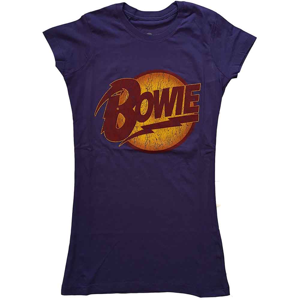 A woman wearing a purple David Bowie t-shirt with a distressed yellow and red logo.