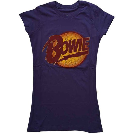 A woman wearing a purple David Bowie t-shirt with a distressed yellow and red logo.