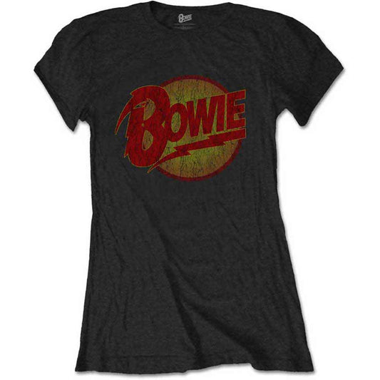 Black women's t-shirt with a distressed red and gold Bowie logo.