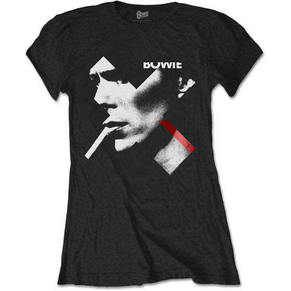 Black women’s t-shirt with a white and red David Bowie portrait.