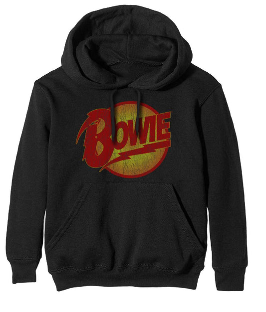 White hoodie with a red and yellow distressed "Bowie" logo.
