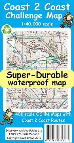 Detailed topographic map of the Coast to Coast walk, with hiker illustrations.