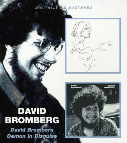 "Black and white image of David Bromberg with album covers and text on a white background."