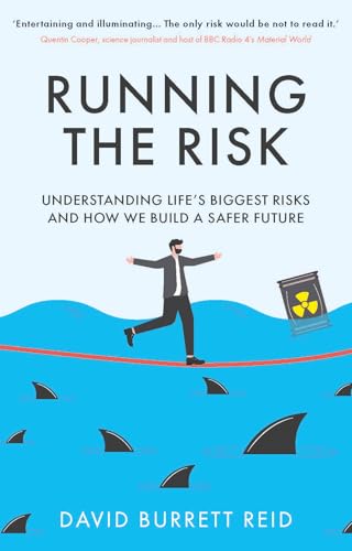 Book cover: man balancing on a rope over shark fins and a hazard symbol.