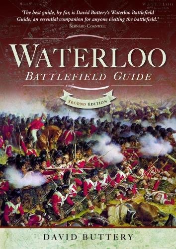 Image of a historical guidebook with Napoleonic War maps and Waterloo battlefield illustrations.