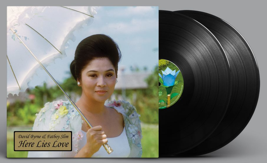 Vinyl record of "Here Lies Love" with a portrait of Imelda Marcos.