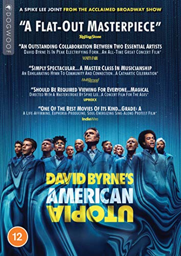 DVD cover for David Byrne's American Utopia, featuring musicians in blue suits.