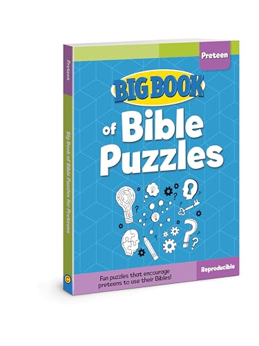 Blue book cover with “Big Book of Bible Puzzles” title and puzzle graphics.