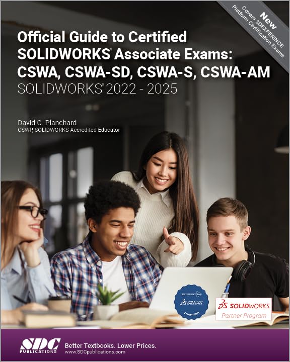Book cover for SOLIDWORKS Associate exams guide, featuring diverse students.