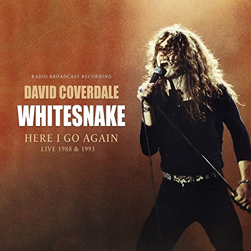 David Coverdale singing into a microphone, album cover for “Here I Go Again”.