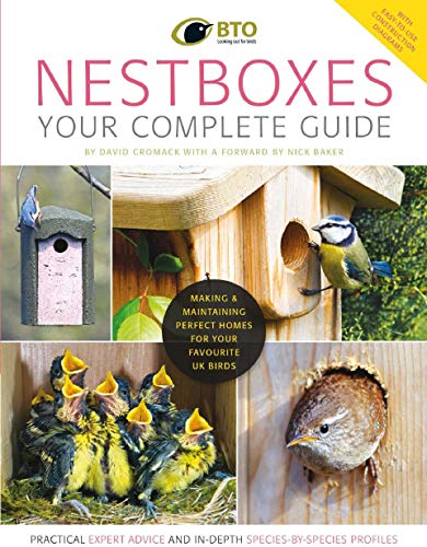 Book cover featuring birdhouses, birds, and nestlings, titled "Nestboxes.