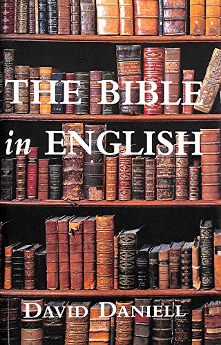 Book cover with title “The Bible in English” and a bookshelf background.