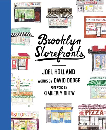 Book cover with watercolor illustrations of various Brooklyn storefronts.