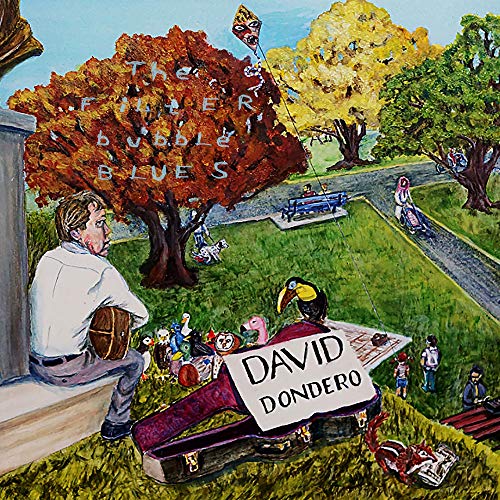 "Vinyl record cover with cartoon illustration of man sitting with guitar case."