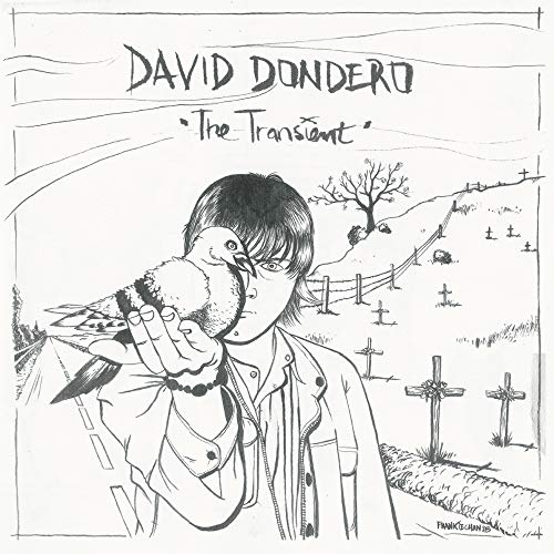 Black and white sketch of a man with a pigeon, graveyard backdrop.