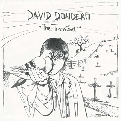 Black and white sketch of a man holding a pigeon in a graveyard.