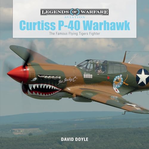 Curtiss P-40 Warhawk fighter plane with shark mouth artwork in flight.