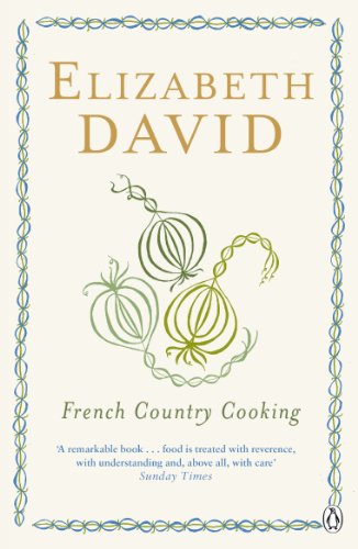 Book cover for French Country Cooking by Elizabeth David featuring stylized onion illustrations.