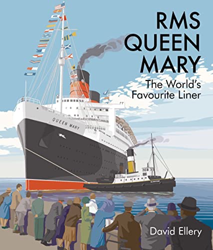 RMS Queen Mary ocean liner with waving people on a dock.