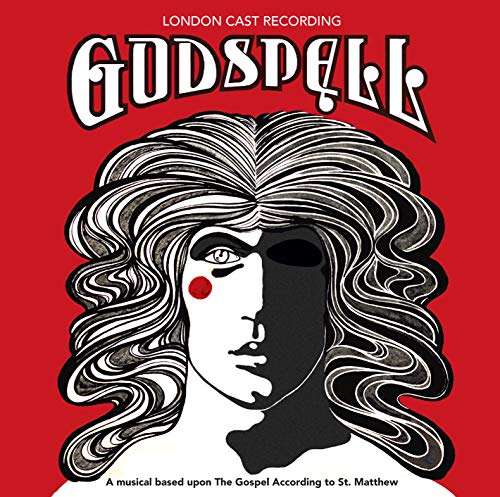 “Godspell” CD cover: red background with black and white illustrated face.
