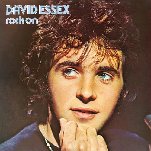 Album cover for David Essex’s “Rock On” featuring a portrait of the singer.
