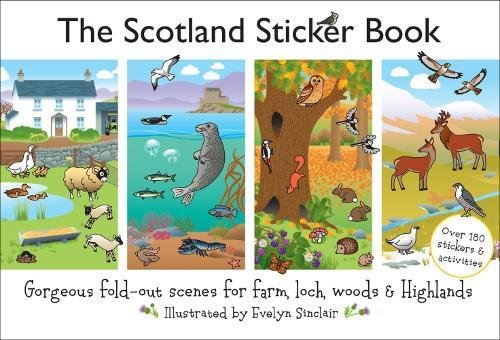 Cover of The Scotland Sticker Book featuring four illustrated panels of Scottish wildlife and landscapes.