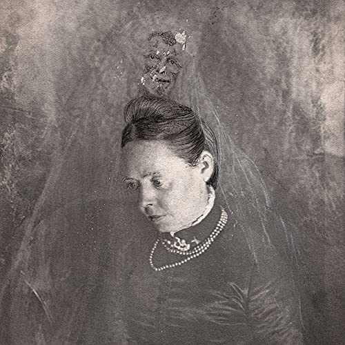 Black and white portrait of a woman with a ghostly face above.