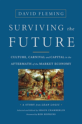 Book cover: “Surviving the Future” with a painting of people in a village.