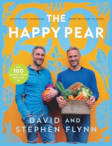 Two men holding vegetables in front of a yellow and blue illustrated book cover.