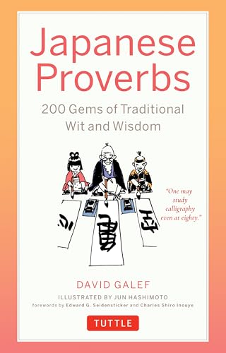 Book cover: "Japanese Proverbs" with illustration of calligraphy lesson.