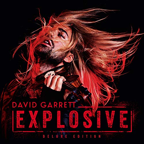 David Garrett holding a violin, dramatic lighting, album cover “Explosive.”