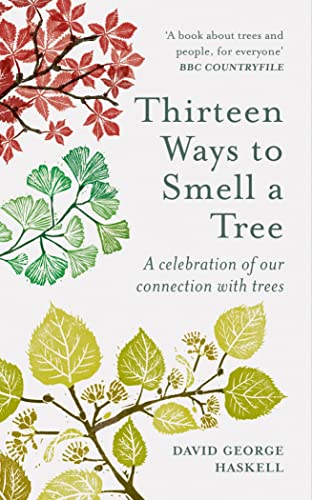 Book cover: “Thirteen Ways to Smell a Tree” with leaf illustrations.
