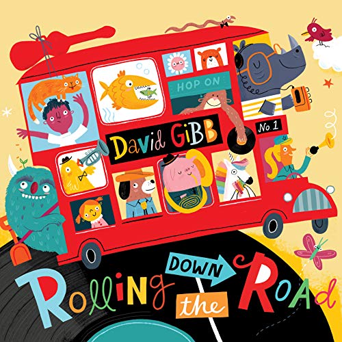 "Red double-decker bus with cartoon characters, surrounded by animals, on a yellow background."