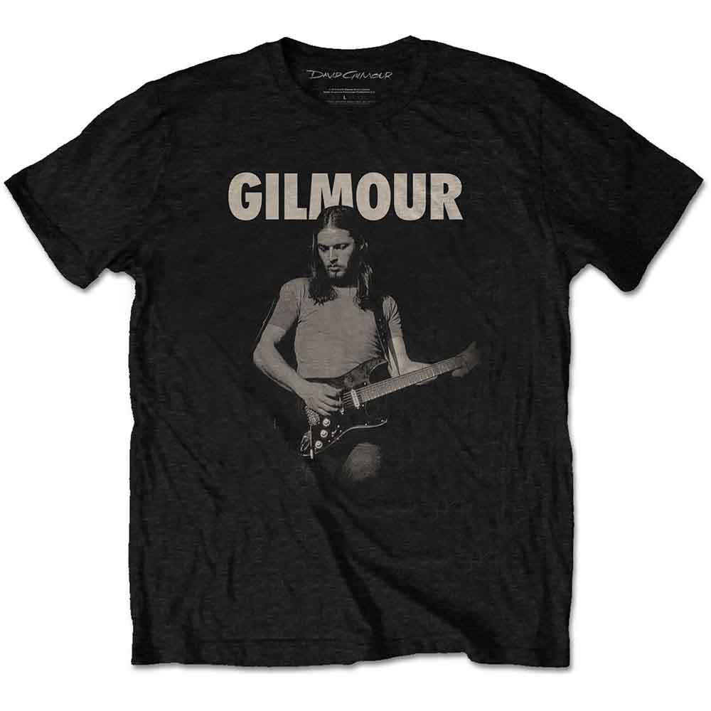 Black t-shirt with a portrait of David Gilmour playing guitar.