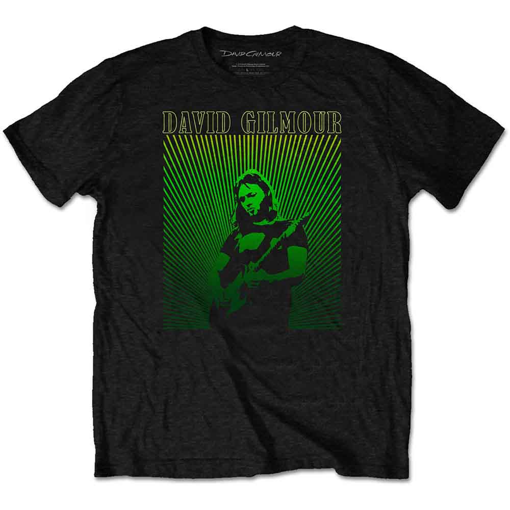 Black t-shirt with green and gold David Gilmour portrait graphic.