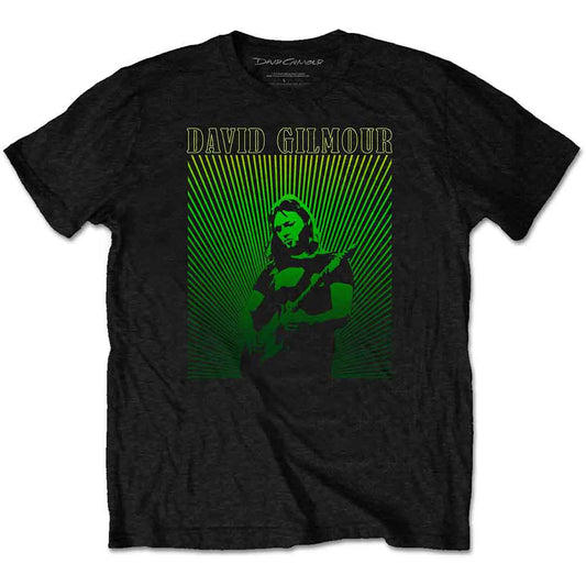 Black t-shirt with green and gold David Gilmour portrait graphic.