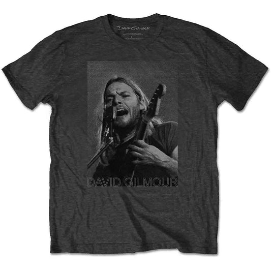 Grey t-shirt with a black and white image of David Gilmour playing guitar.