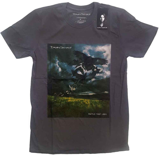 Dark grey t-shirt with a square graphic of birds over a landscape.