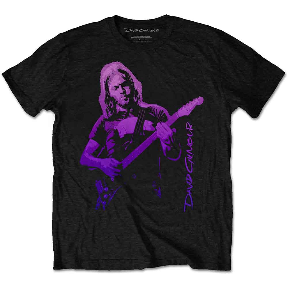 Black t-shirt featuring a purple graphic of David Gilmour playing an electric guitar.