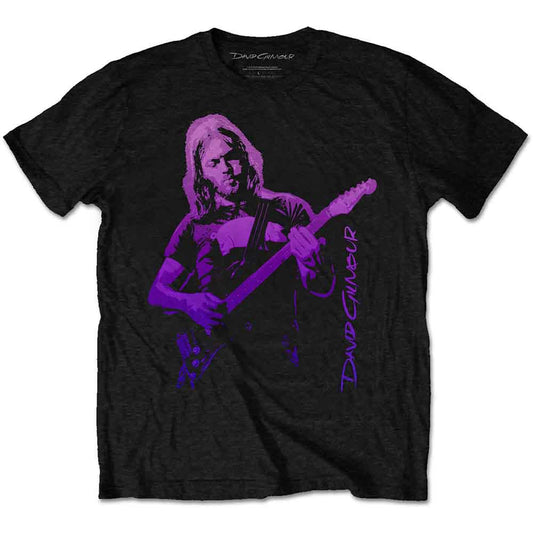 Black t-shirt featuring a purple graphic of David Gilmour playing an electric guitar.