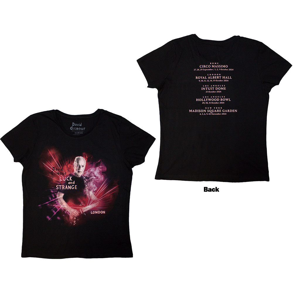 Black ladies' t-shirt with back print featuring David Gilmour's "Luck & Strange" tour design.