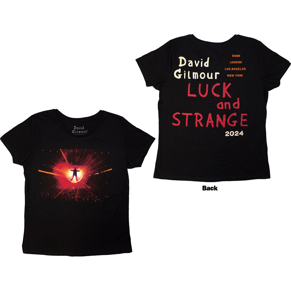 Black ladies' t-shirt with David Gilmour stage photo on the back.