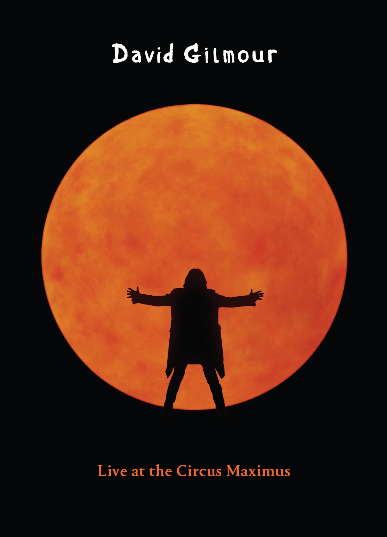 David Gilmour album cover with a silhouette against a large orange sun.