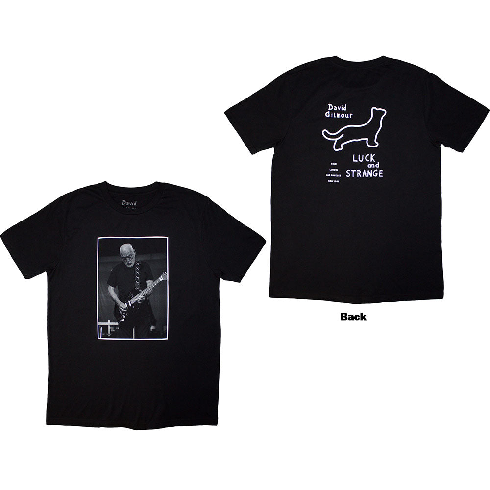 Black t-shirt with back print of a black cat, guitar, and "Luck & Strange" text.
