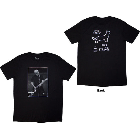 Black t-shirt with back print of a black cat, guitar, and "Luck & Strange" text.