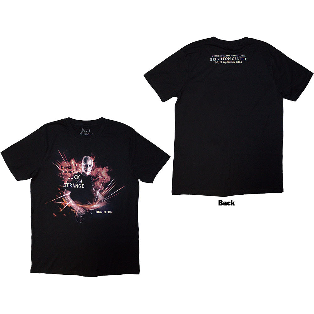 Black unisex t-shirt with back print featuring David Gilmour's "Luck & Strange" tour design.